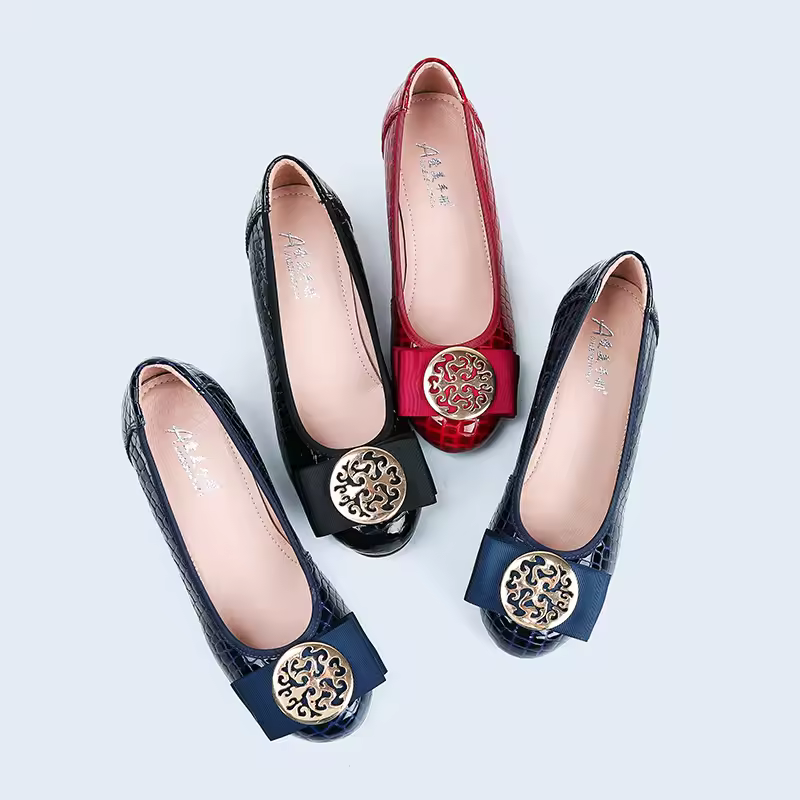 Luxury Rhinestones Bow Comfortable Plaid Round Head Patent Leather Heels Pumps - Image 7