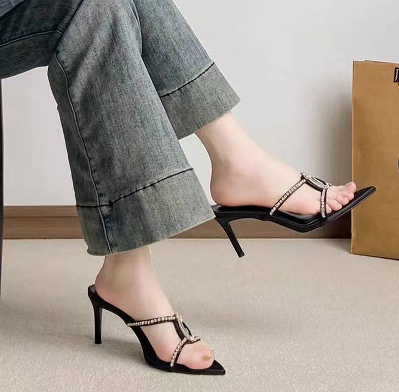 Luxury Rhinestones Gem Pointed Toe Stiletto High Heels Slides Sandals - Image 3
