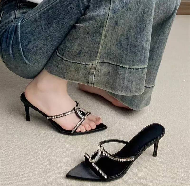 Luxury Rhinestones Gem Pointed Toe Stiletto High Heels Slides Sandals - Image 5