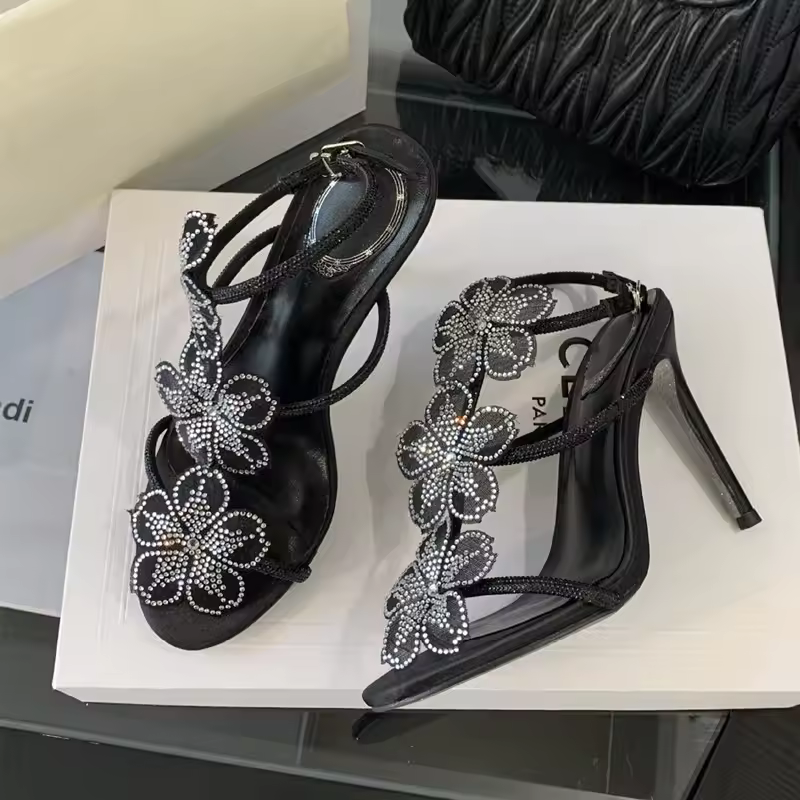 Luxury Rhinestones Lace Flowers Decoration Gladiator Ankle Strap High Heels Sandals - Image 6