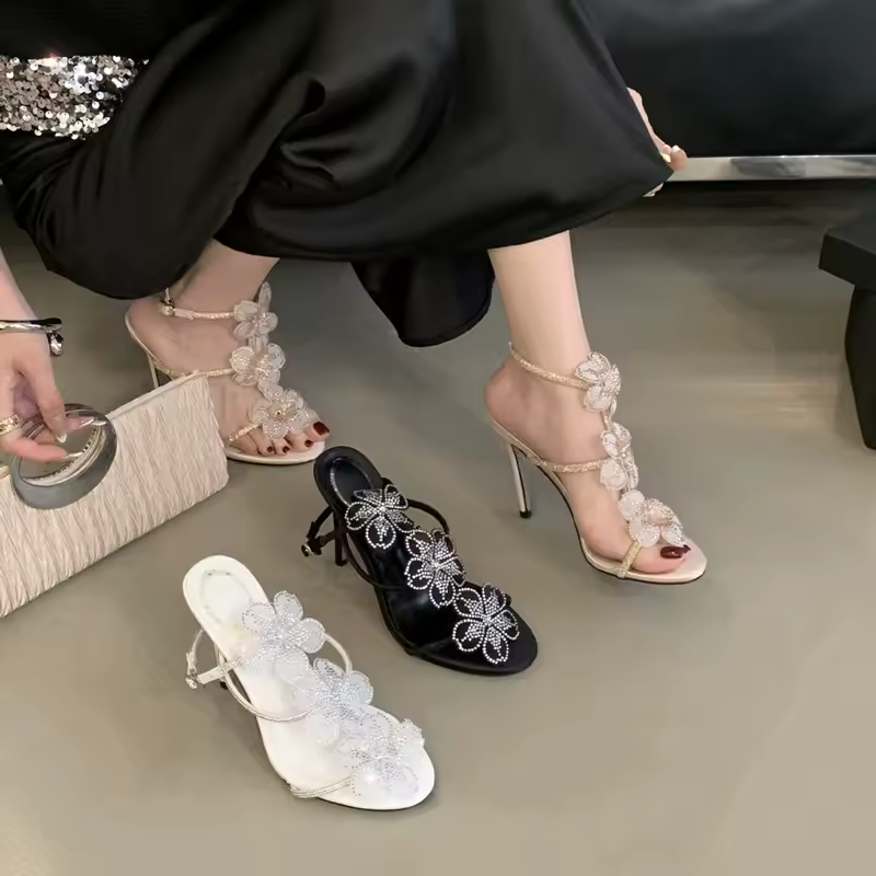 Luxury Rhinestones Lace Flowers Decoration Gladiator Ankle Strap High Heels Sandals - Image 8