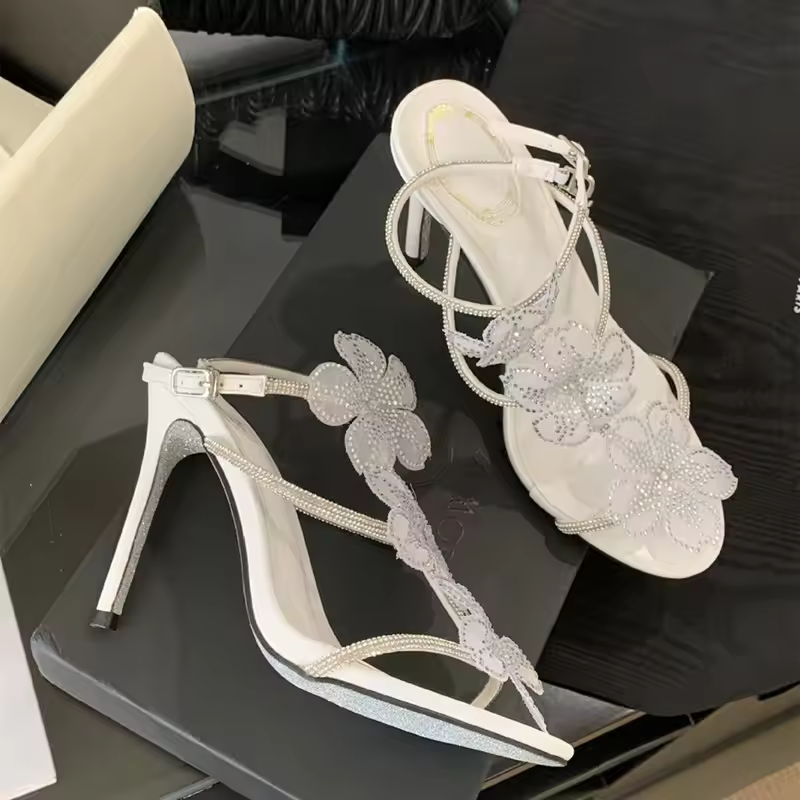 Luxury Rhinestones Lace Flowers Decoration Gladiator Ankle Strap High Heels Sandals - Image 4