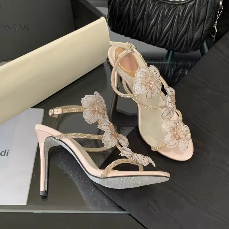 Luxury Rhinestones Lace Flowers Decoration Gladiator Ankle Strap High Heels Sandals - Image 2