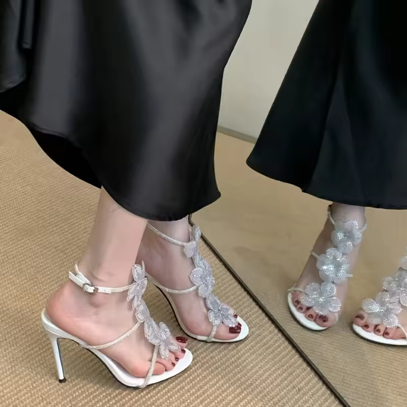 Luxury Rhinestones Lace Flowers Decoration Gladiator Ankle Strap High Heels Sandals - Image 3