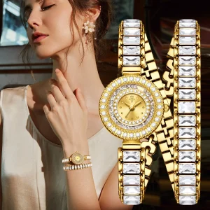 Luxury Sparkling Rhinestone Wrap Wristband Design Stylish Gold Bright Quartz Watch