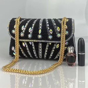 Luxury Striped Pearl Designer Beading Rhinestone Shiny Party Clutch Purses Bags