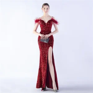 Luxury V-Neck Feathers Ostrich Fur High Density Sequin Sleeveless Maxi Dress