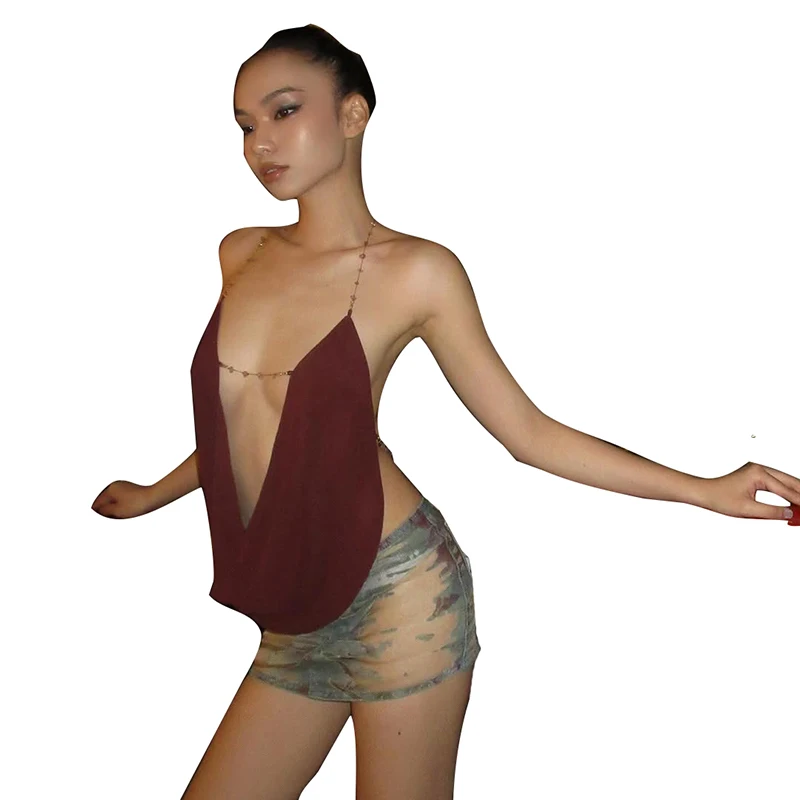 Metal Decorative Chain Swing Collar Halter Backless Sleeveless Camisole Tops - Image 2