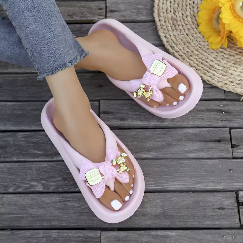 Sweet Metallic Teddy Bear Bow Slide Multi-Color Beach Style Flip Flops Slippers - Image 10