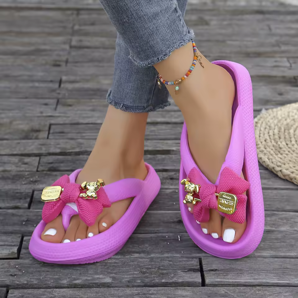 Sweet Metallic Teddy Bear Bow Slide Multi-Color Beach Style Flip Flops Slippers