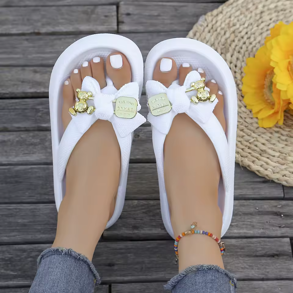 Sweet Metallic Teddy Bear Bow Slide Multi-Color Beach Style Flip Flops Slippers - Image 6