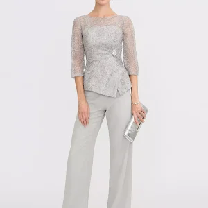 Mother Of The Bride Illusion Neckline 3/4 Length Sleeves Two-piece Lace Floor-Length Guest Dresses