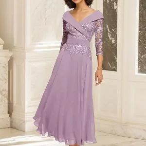 Mother Of The Bride V-Neck 3/4 Length Sleeves Ball Gown Lace Tea-Length Guest Dresses