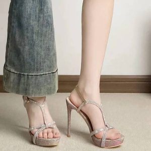 Narrow Band Bling Bling Sequined Crystal Platform Wedges Gladiator Sandals