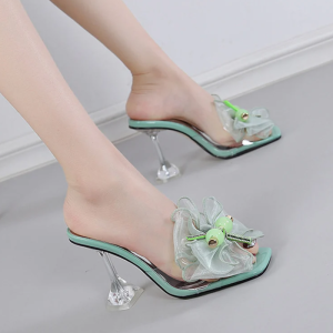Novelty Butterfly-Knot Transparent Mules Slides High Heel Sandals