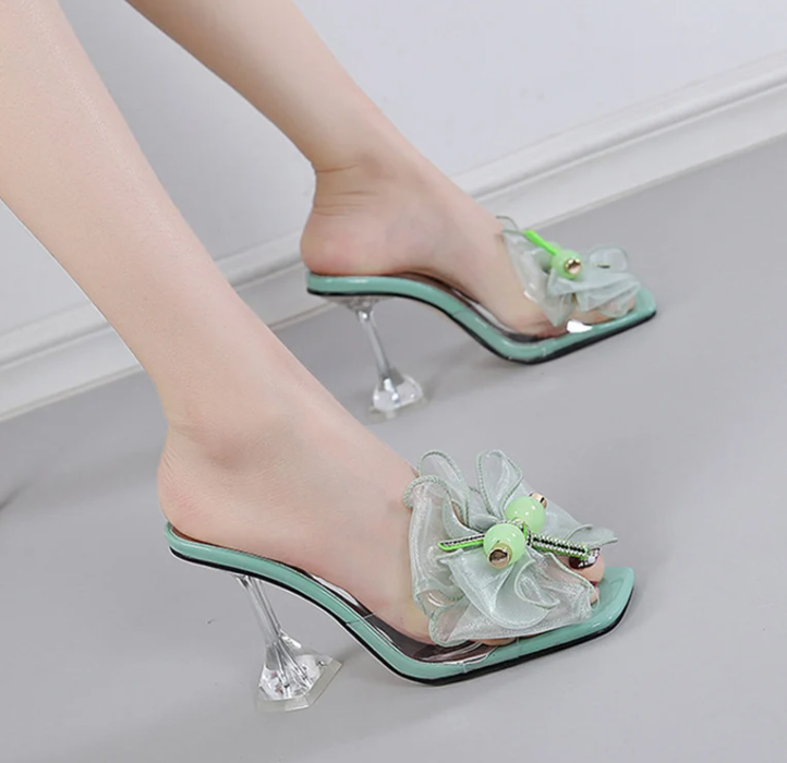 Novelty Butterfly-Knot Transparent Mules Slides High Heel Sandals