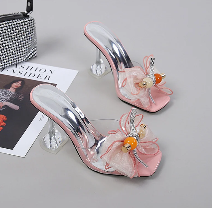 Novelty Butterfly-Knot Transparent Mules Slides High Heel Sandals - Image 13