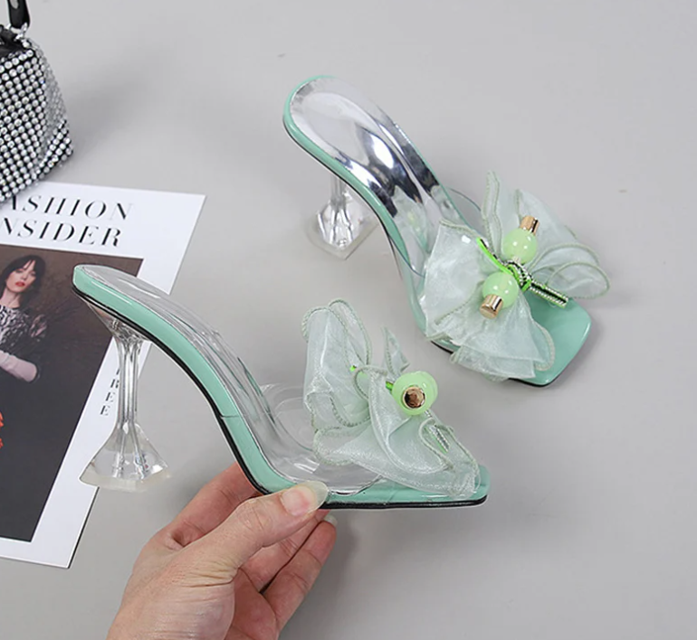 Novelty Butterfly-Knot Transparent Mules Slides High Heel Sandals - Image 4