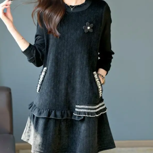 O-Neck Pockets Spliced Beading Ruffles Solid Color Casual Dresses