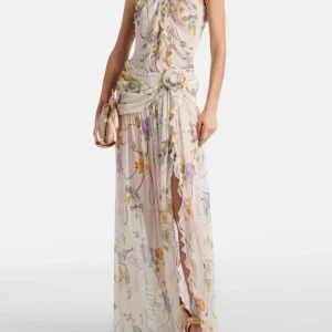 One Shoulder Hollow Out Printed Sleeveless Backless Flower Ruffles Split Slim Dresses