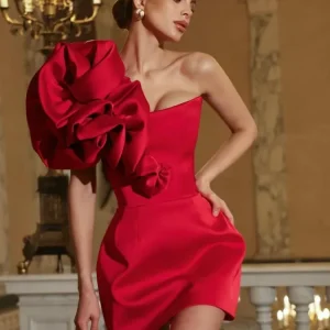 One Shoulder Ruffles Patchwork Sleeveless Pleat Bodycon Mini Dress