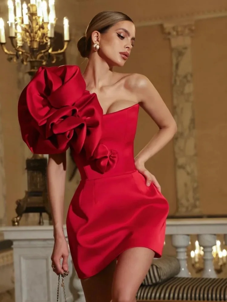 One Shoulder Ruffles Patchwork Sleeveless Pleat Bodycon Mini Dress