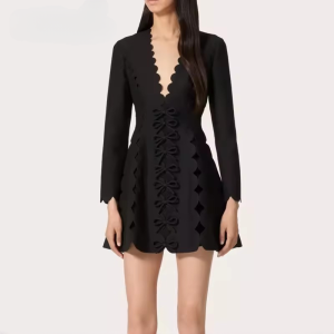 Patchwork Bowknot V Neck Long Sleeve High Waist Slimming Solid Mini Dress
