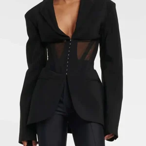 Patchwork Design Long Sleeve Notched Waist Blazer Jacket