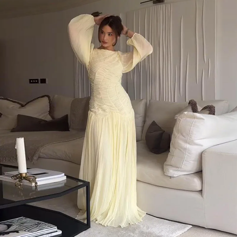 Pleated Long Lantern Sleeve Folded Loose Holiday Beach Maxi Dresses - Image 2