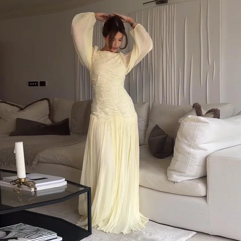 Pleated Long Lantern Sleeve Folded Loose Holiday Beach Maxi Dresses - Image 3