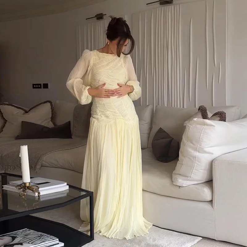 Pleated Long Lantern Sleeve Folded Loose Holiday Beach Maxi Dresses - Image 4