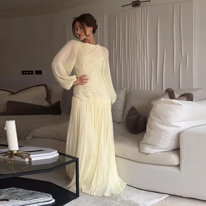 Pleated Long Lantern Sleeve Folded Loose Holiday Beach Maxi Dresses - Image 5