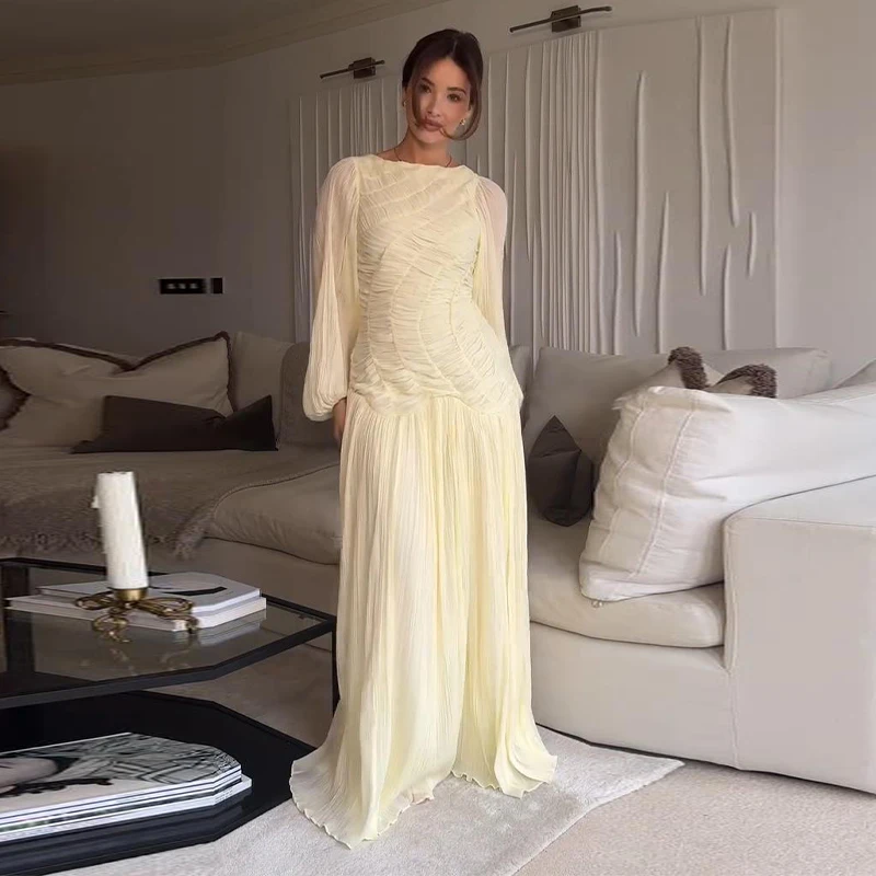 Pleated Long Lantern Sleeve Folded Loose Holiday Beach Maxi Dresses - Image 6