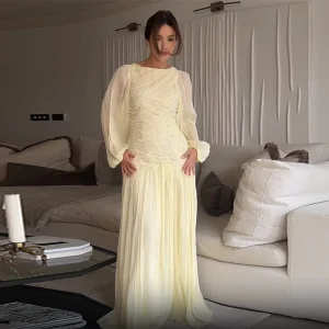 Pleated Long Lantern Sleeve Folded Loose Holiday Beach Maxi Dresses