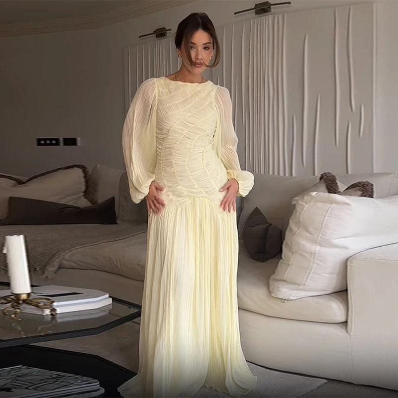 Pleated Long Lantern Sleeve Folded Loose Holiday Beach Maxi Dresses