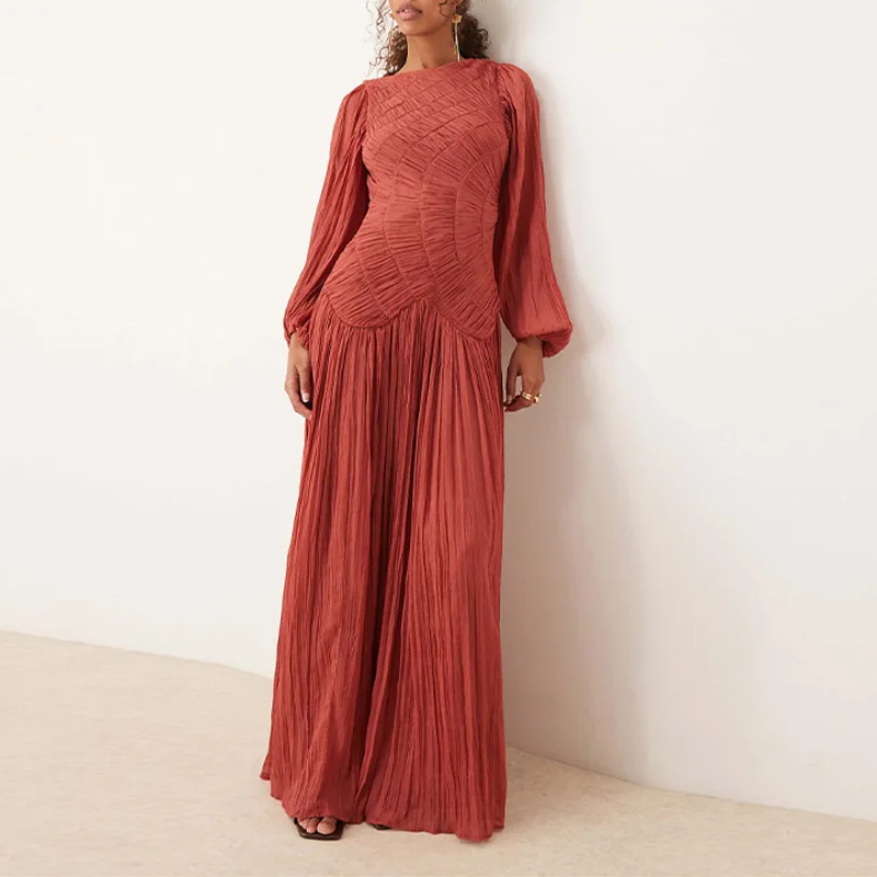 Pleated Long Lantern Sleeve Folded Loose Holiday Beach Maxi Dresses - Image 7