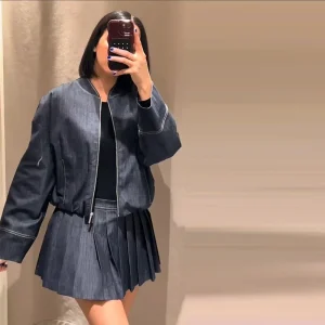 Pleated O-neck Long Sleeve Jacket Street Denim Coat Mini Skirts Suit