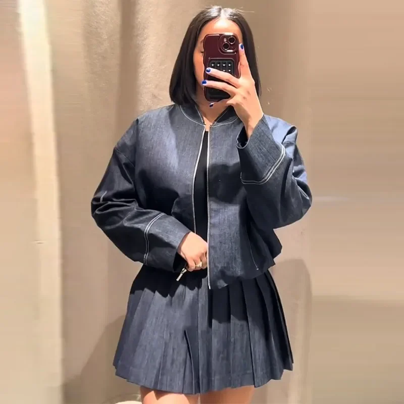 Pleated O-neck Long Sleeve Jacket Street Denim Coat Mini Skirts Suit - Image 2
