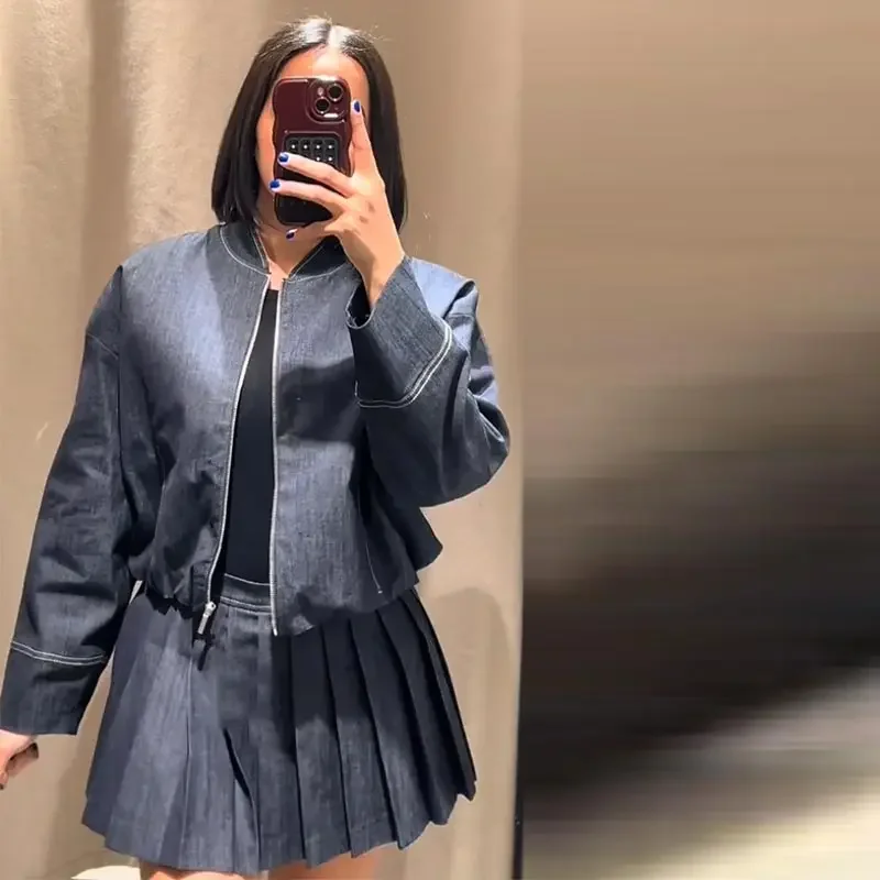 Pleated O-neck Long Sleeve Jacket Street Denim Coat Mini Skirts Suit - Image 3