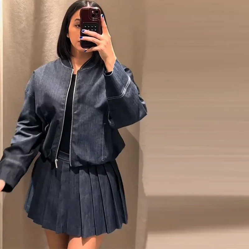 Pleated O-neck Long Sleeve Jacket Street Denim Coat Mini Skirts Suit - Image 4