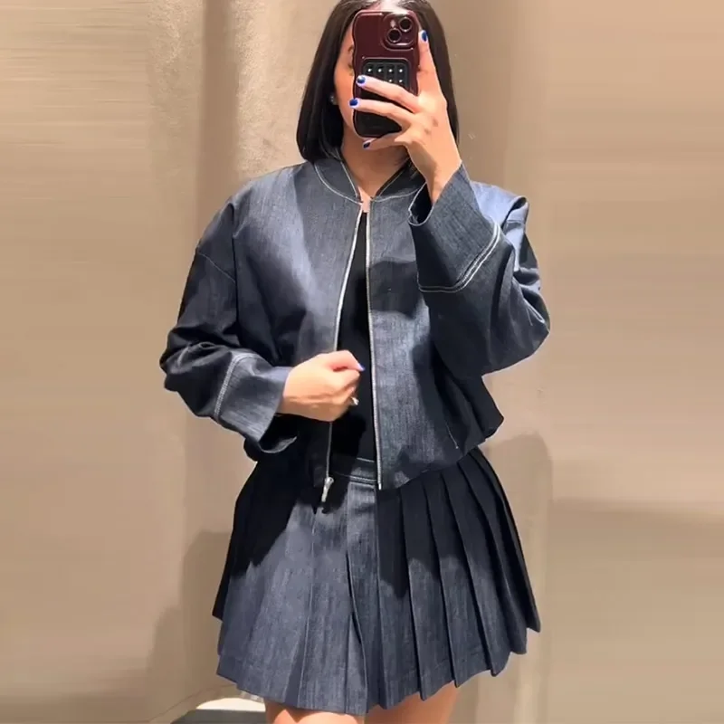 Pleated O-neck Long Sleeve Jacket Street Denim Coat Mini Skirts Suit - Image 5