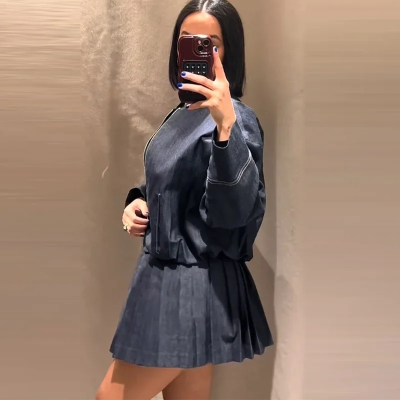 Pleated O-neck Long Sleeve Jacket Street Denim Coat Mini Skirts Suit - Image 7