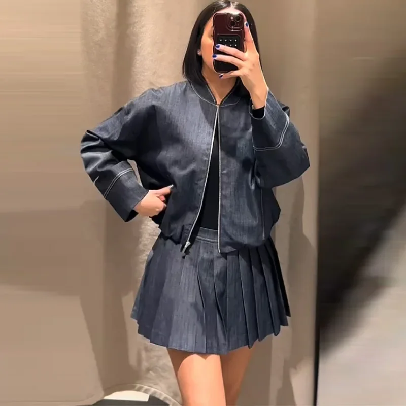 Pleated O-neck Long Sleeve Jacket Street Denim Coat Mini Skirts Suit - Image 6
