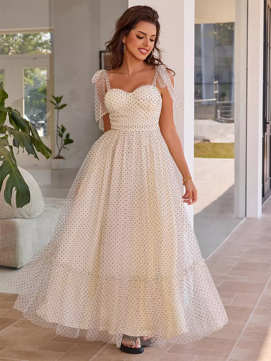 Polka Dot A-line With Adjustable Shoulder Strap Maxi Dress