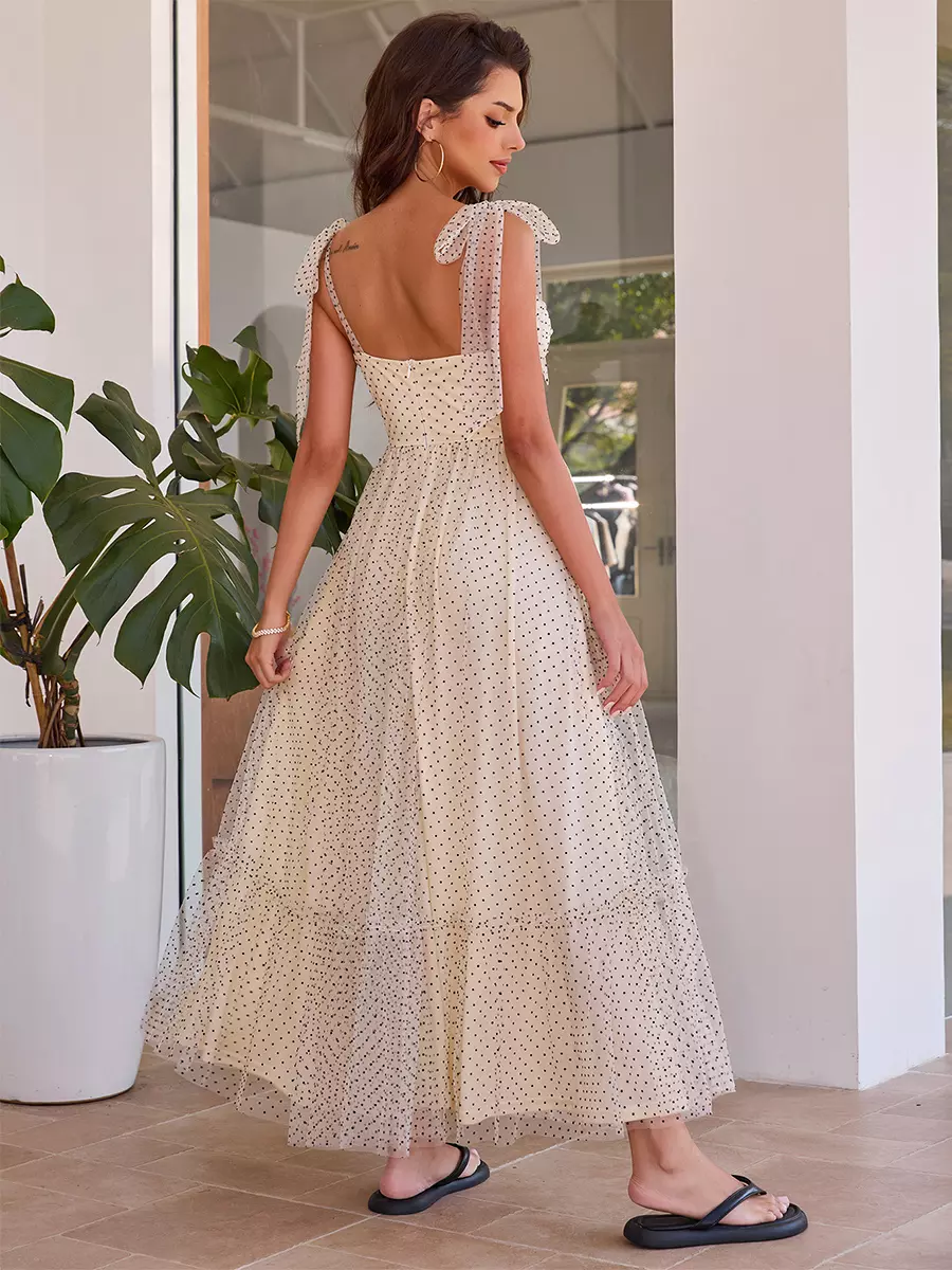 Polka Dot A-line With Adjustable Shoulder Strap Maxi Dress - Image 5