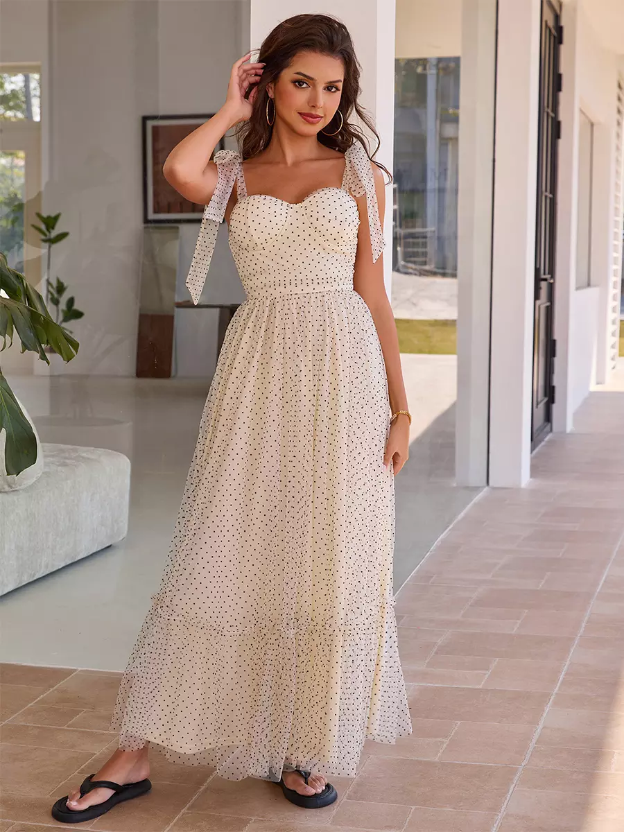 Polka Dot A-line With Adjustable Shoulder Strap Maxi Dress - Image 2