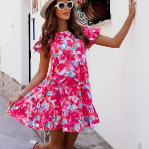 Print A-Line Patchwork Design Ruffles Decor O-Neck Flare Sleeve Mid Waist Slim Mini Dress