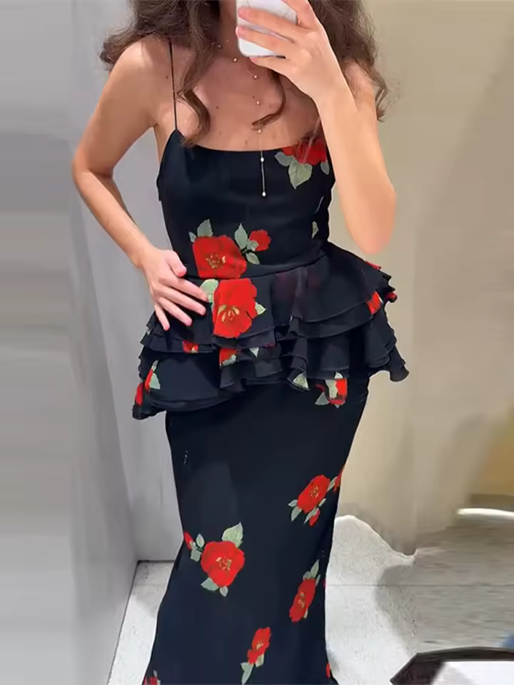 Printed Layered Top Pleated Camisole Waist Cinched Vest Straight Half Skirts Street Party Suit - Image 2