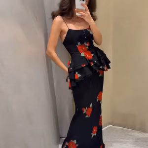 Printed Layered Top Pleated Camisole Waist Cinched Vest Straight Half Skirts Street Party Suit