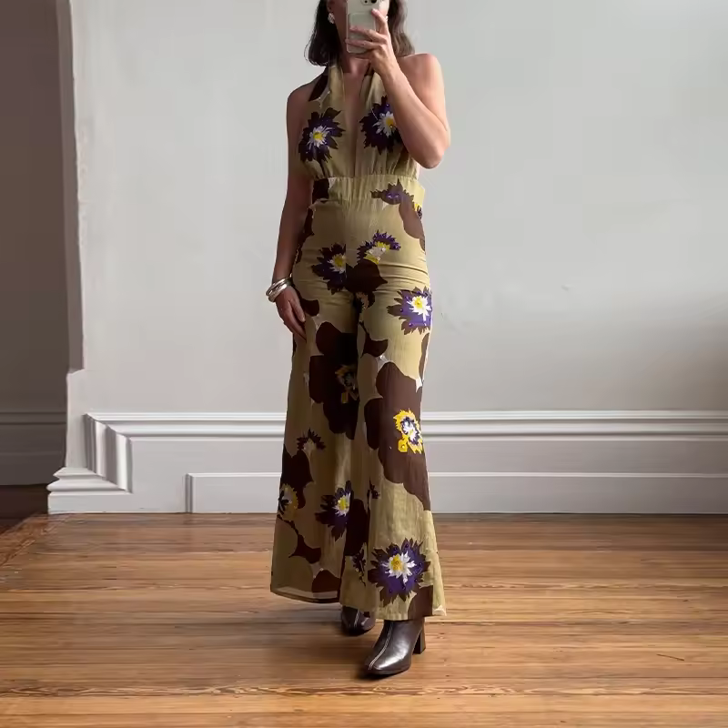 Printed Sequins Backless Halter High Waist Deep V-neck Wide Leg Straight Jumpsuit